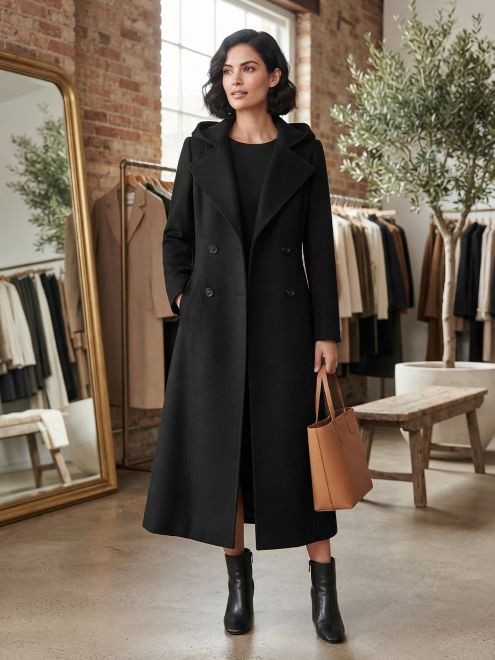 Classic Black Double-Breasted Long Trench Coat